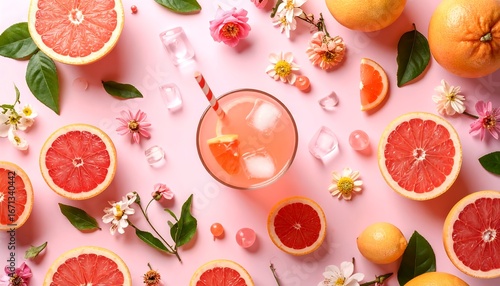 Fresh grapefruit beverage, floral arrangement