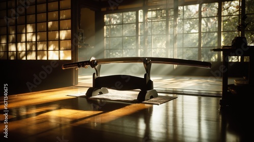A katana sword, bathed in ethereal light, rests on a stand within a traditional Japanese room.