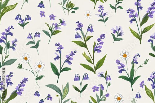 Purple bluebells and daisies floral pattern image