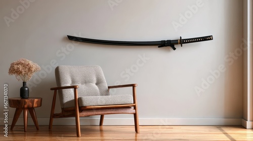 A sleek, black katana sword hangs elegantly on a minimalist wall, displayed above a mid-century modern armchair in a contemporary interior.