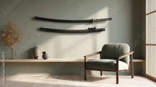 A sleek, black katana sword hangs elegantly on a minimalist wall, displayed above a mid-century modern armchair in a contemporary interior.
