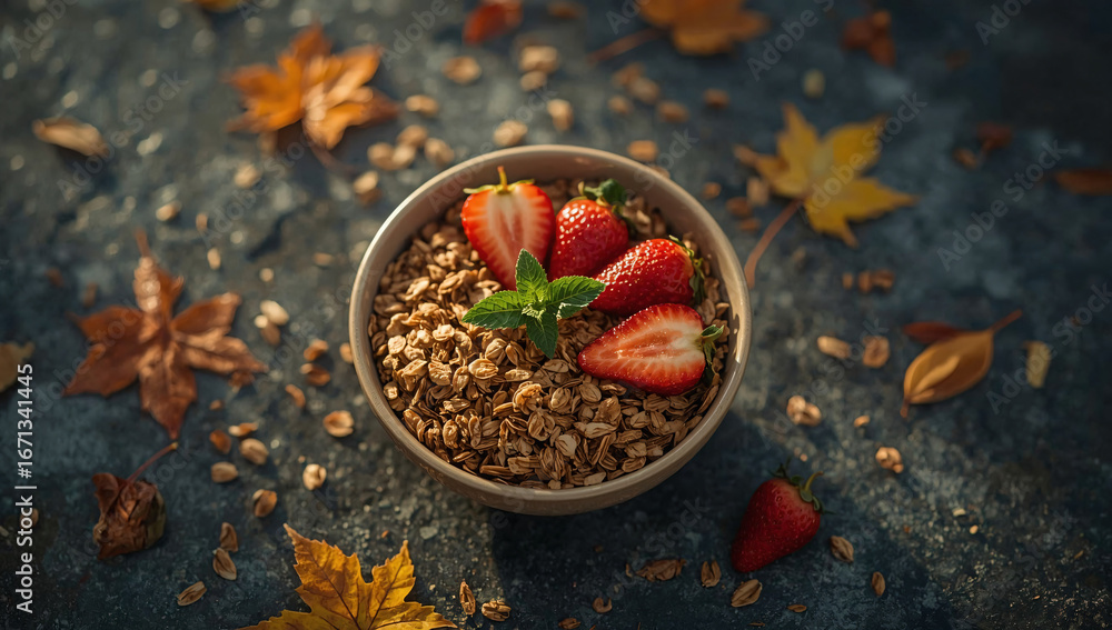 Fototapeta premium Crunchy Granola with Strawberries and Mint on Dark Stone with Autumn Leaves