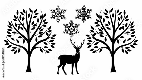 Silhouette of deer between trees with snowflakes above in a winter themed black and white illustration