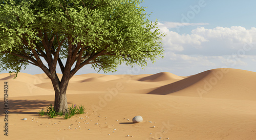 Lonely Tree Standing In Desert Sand Dunes Landscape Scene