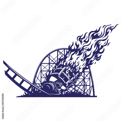 Burning roller coaster illustration depicting destruction and catastrophe against a white background
