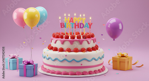 Birthday Cake With Candles And Colorful Party Decorations Around