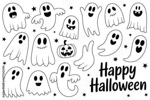 Doodle Halloween ghosts with Boo scary face shape. Spooky ghost white fly fun cute evil horror silhouette for scary october holiday design