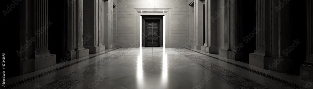 Fototapeta premium A long hallway with pillars and a dark doorway.