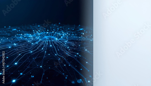 A close-up of a futuristic circuit board with glowing blue lines and dots against a dark background, with a bright, clean white space on the right side.