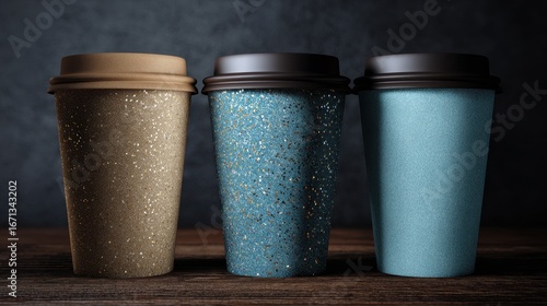 Wallpaper Mural Beige and Blue Glitter Coffee Cup Mockup on Dark Wood. Torontodigital.ca