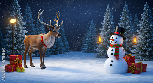 A Winter Christmas Scene With Reindeer Snowman And Wrapped Gifts