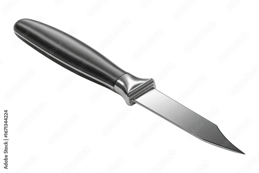 Fototapeta premium Straight vegetable peeler with centered blade, satin metal finish, and smooth matte handle, isolated on transparent background. 
