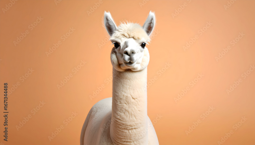 Fototapeta premium White Alpaca Portrait Against Beige Background
