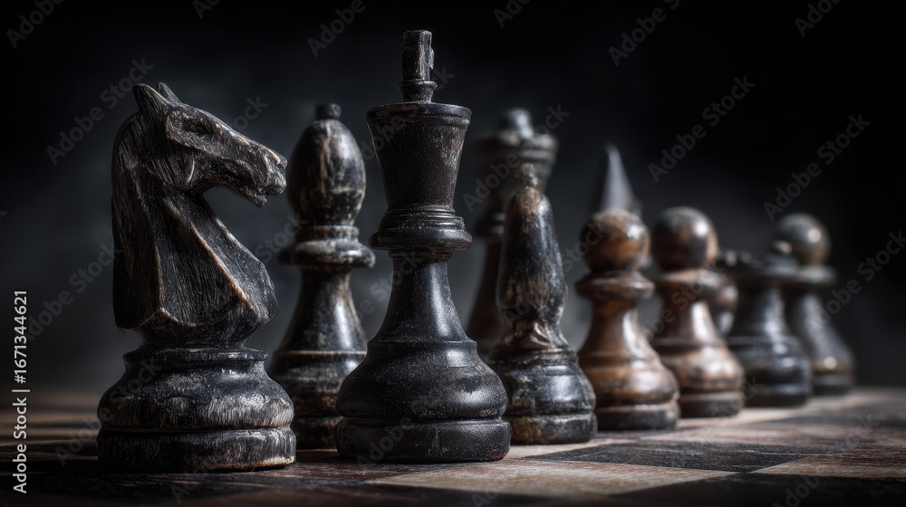 Fototapeta premium Chess Pieces on a Dark Chessboard with Dramatic Lighting.