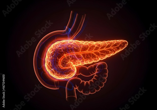 Detailed 3D rendering of the human pancreas and surrounding organs on black.