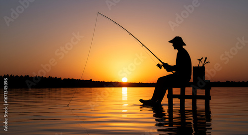 A Peaceful Fishing Scene At Sunset On Calm Lake Water