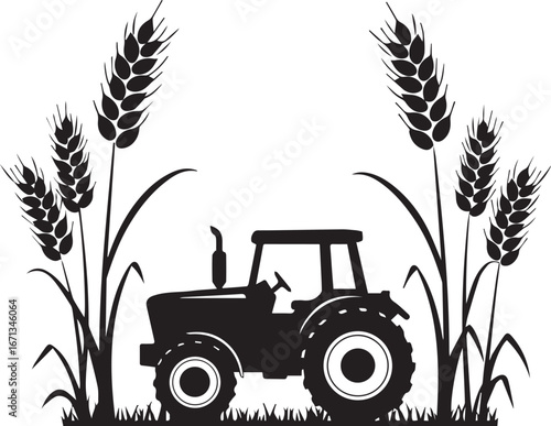 Agricultural tractor silhouette surrounded by wheat stalks and grass agriculture farming
