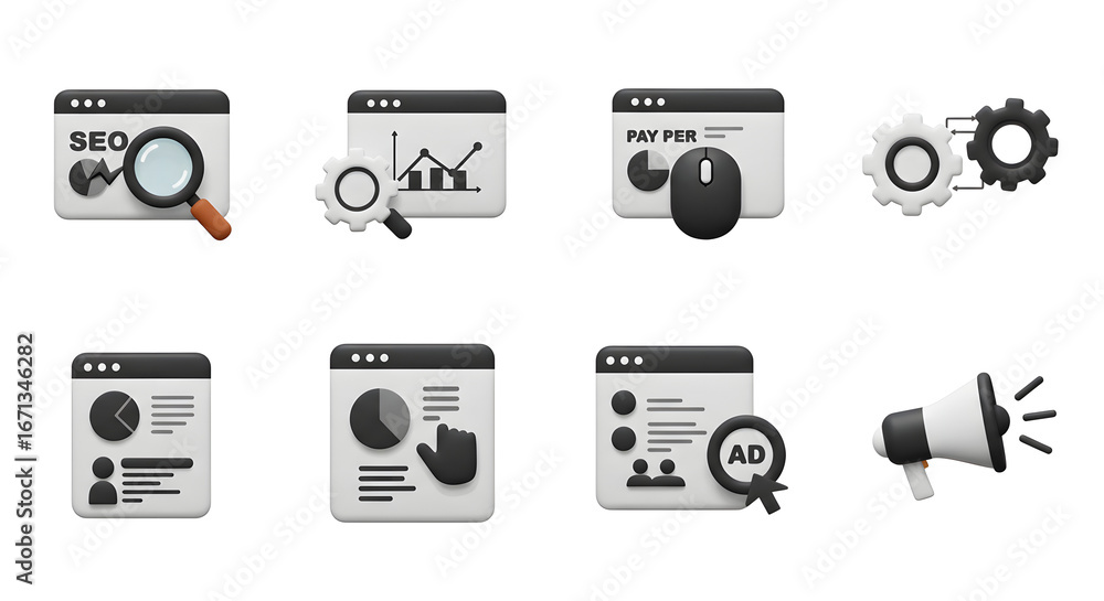 Obraz premium A comprehensive collection of 3D icons for digital marketing, illustrating SEO, data analytics, and online advertising strategies