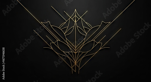 A sophisticated design featuring intricate gold lines on a dark backdrop, creating a stylized floral motif.