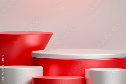 Abstract Red and White Cylinders Display Background, Modern minimalist scene with a white and red cylindrical podium