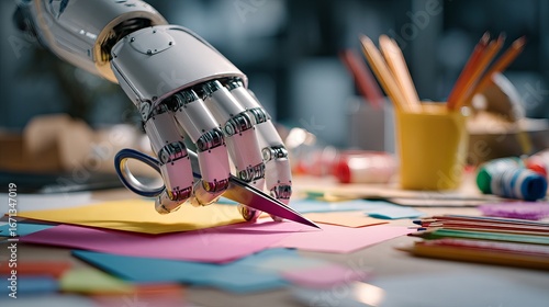 A close-up of a robotic hand skillfully cutting colorful paper in a creative workspace, showcasing innovation and artistry.