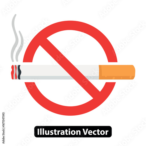 No Smoking Sign Vector Illustration with Red Prohibition Circle and Cigarette