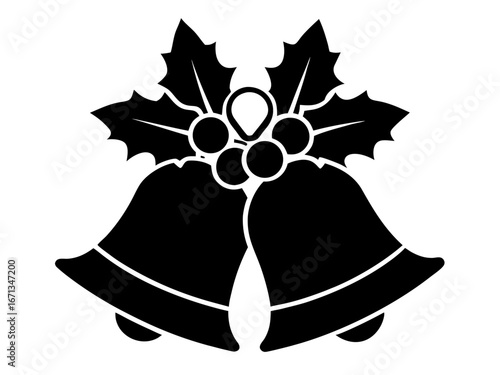 Christmas bells with holly and ribbons black silhouette vector