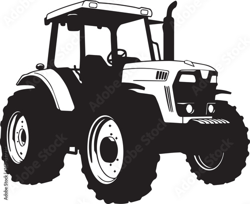 Black and White Illustration of a Modern Farm Tractor Keywords: tractor, farm, agriculture, farming, vehicle, machinery, rural, country, field, cultivation, plowing, harvesting, heavy equipment
