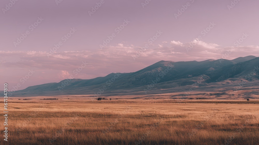 Obraz premium Endless Grassy Field Under Pale Lavender Sky and Mountains.