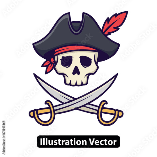Skull pirate head with swords vector illustration logo, Pirate symbol emblem logo