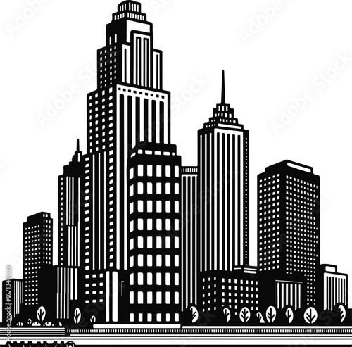 Black and White Stylized City Skyline with Tall Skyscrapers and Trees cityscape urban