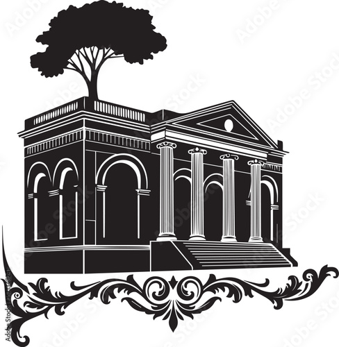 Black silhouette of a classical building with a tree and decorative scrollwork architecture neoclassical