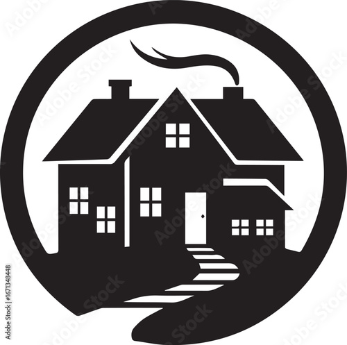 Black Silhouette of a House with Smoking Chimney and Hands Inside a Circle on White Background home building