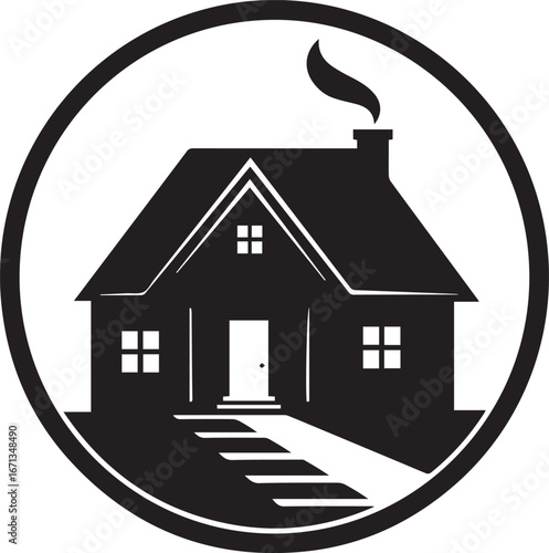 Black Silhouette of a House with Smoking Chimney Inside a Circle on White Background home building