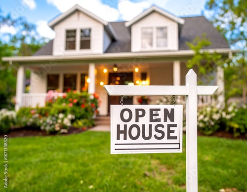 A white house with a welcoming open house sign in front