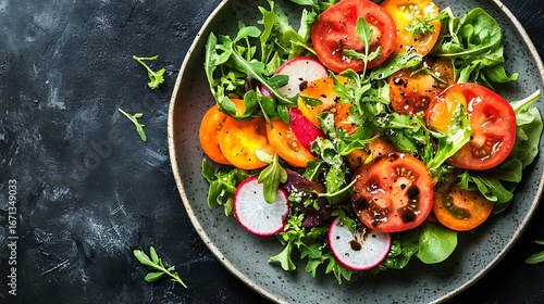 Top-down view captures vibrant fresh salad with crisp arugula colorful heirloom tomatoes thinly sliced radishes drizzled balsamic glaze for culinary websites restaurant promotions wellness concept