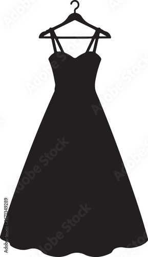 Black silhouette of a sleeveless evening gown with a sweetheart neckline on a hanger against a white background