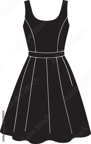 Black silhouette of a sleeveless flared dress with white trim details fashion clothing