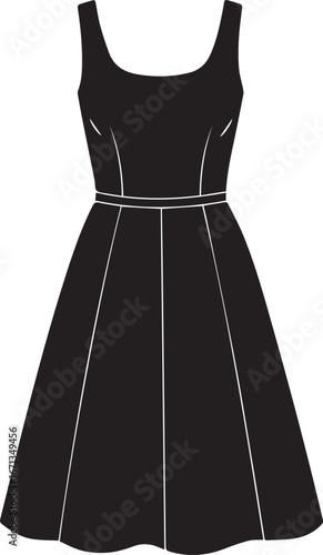 Black silhouette of a sleeveless flared dress with white trim details fashion clothing