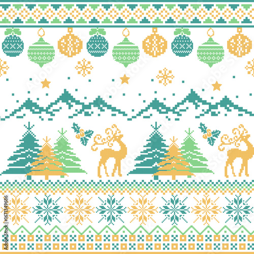 Seamless pixel pattern in gold, teal, and green featuring reindeer, ornaments, and Christmas trees with modern knitted effect.