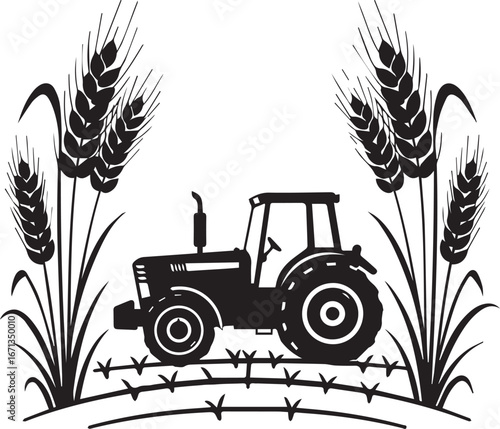 Black silhouette of a tractor plowing a field with wheat stalks on a white background agriculture farming