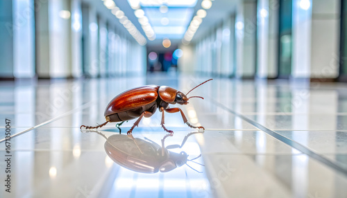 Brown Beetle on Shiny Floor in Modern Hallway