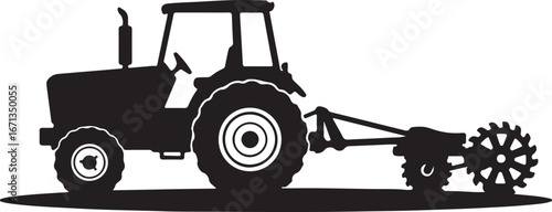 Black Silhouette of a Tractor with a Cultivator Attachment on a White Background farm equipment agriculture