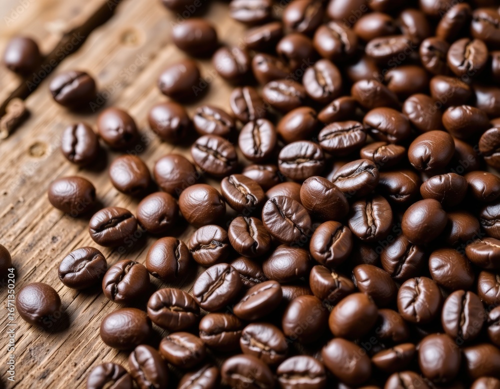 Obraz premium Polished Coffee Beans Rustic Wooden Surface