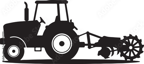 Black Silhouette of a Tractor with a Tiller Attachment on a White Background farm equipment agriculture