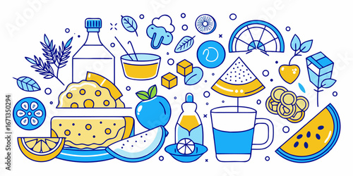 Healthy food and drink ingredients collection with fruits and vegetables