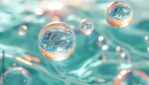 Glowing spheres float on teal water, sunlit background; science, beauty, or tech ad