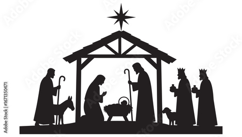 Nativity Silhouette – Minimal Black and White Christmas Holy Scene Vector