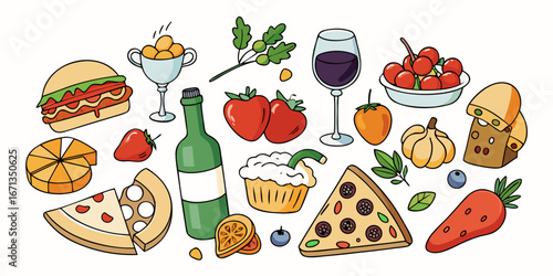 Assortment of delicious food and drinks arranged in a playful illustration style
