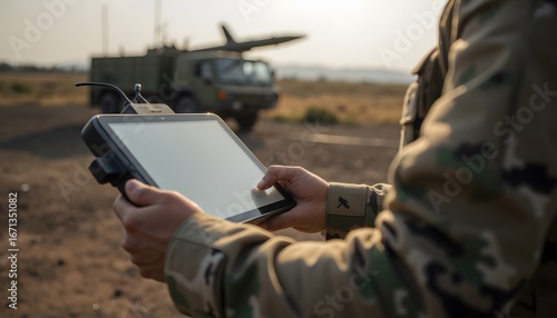 Soldier using tablet device for military operations in outdoor training environment